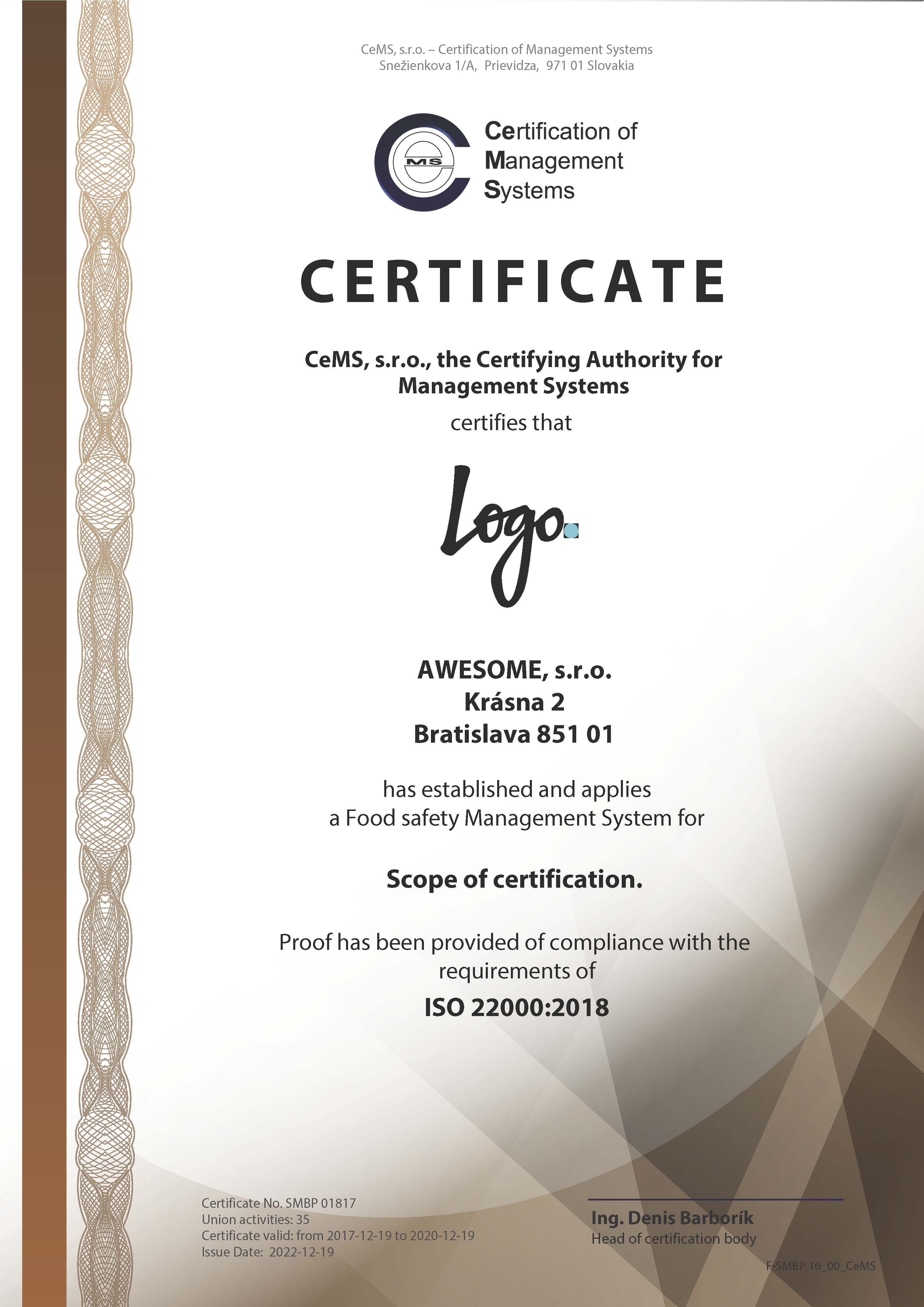 Certificate ISO 22000 by CeMS